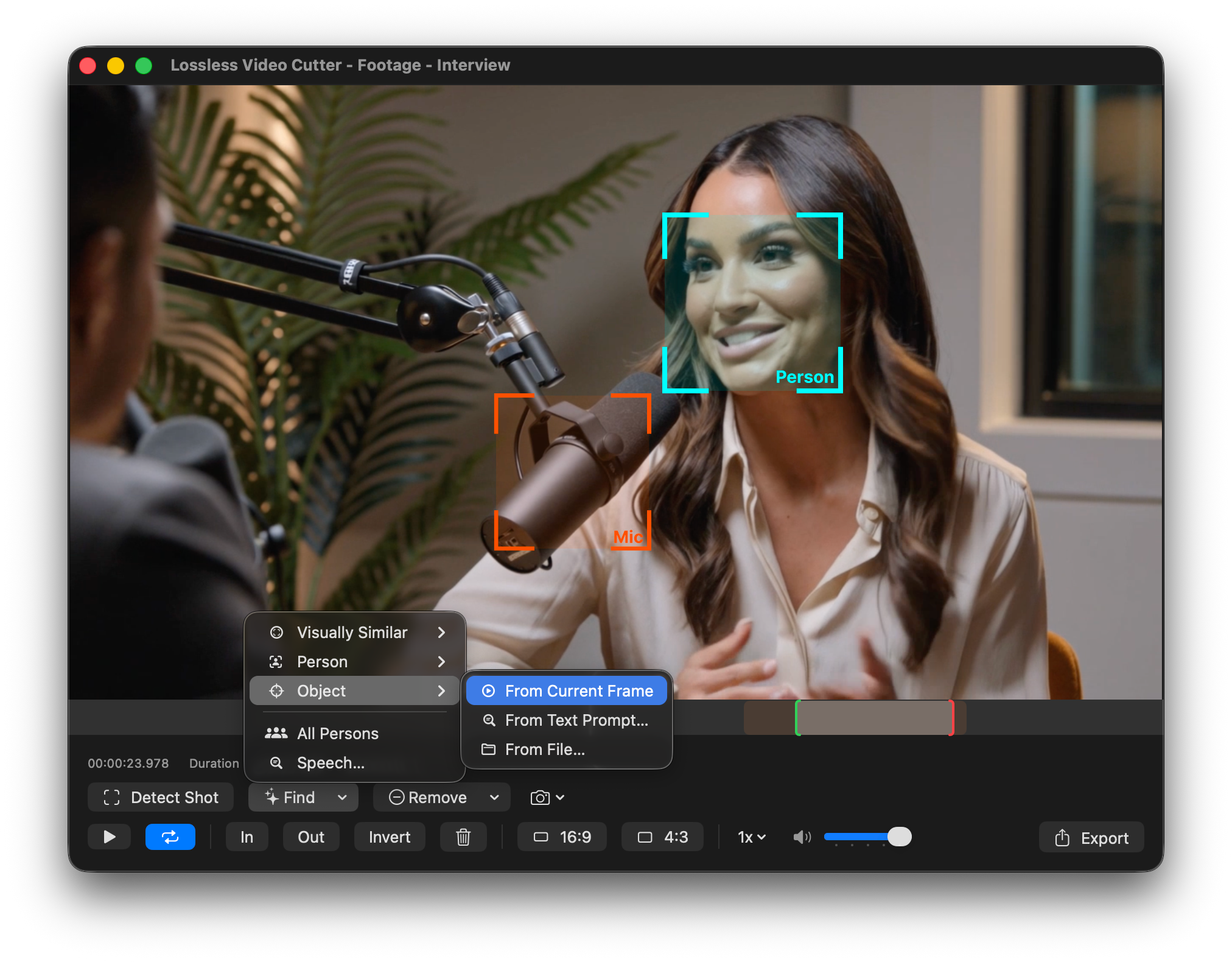 Lossless Video Cutter app window with video preview, timeline, segment controls, facial recognition, object detection, and visual similarity.